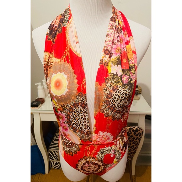 Banjul Leopard mix print halter bodysuit snap crotch size Medium - Picture 2 of 7